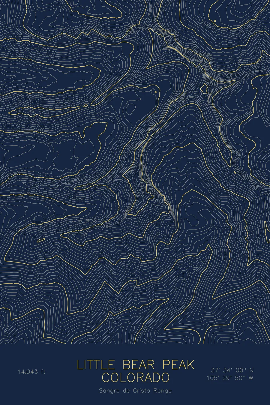 Pen-plotted topographic map of Little Bear Peak, Colorado in gold ink on navy paper