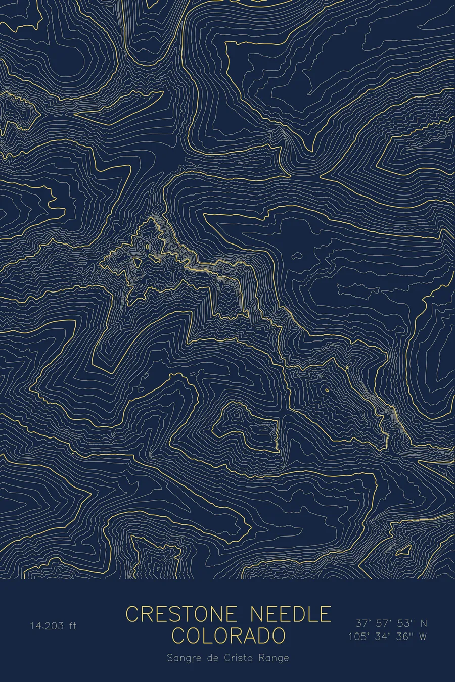 Pen-plotted topographic map of Crestone Needle, Colorado in gold ink on navy paper