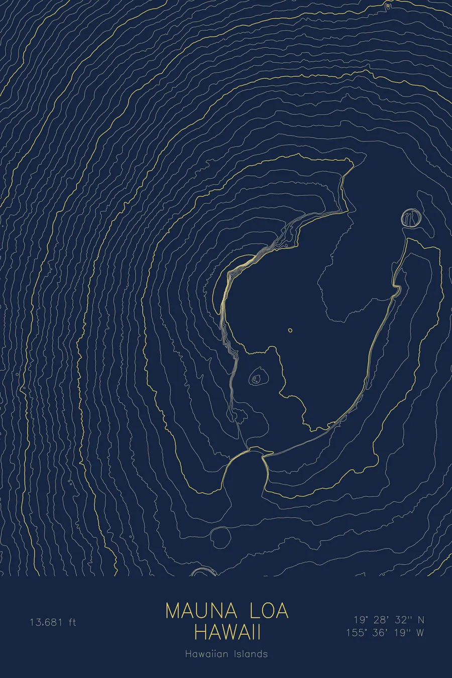 Pen-plotted topographic map of Mauna Loa, Hawaii in gold ink on navy paper