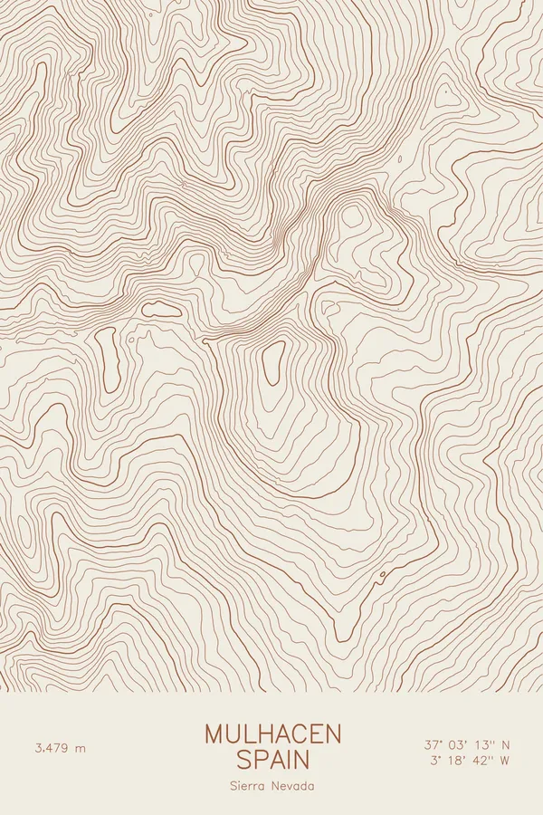 Pen-plotted topographic map of Mulhacen, Spain in bronze ink on cream paper
