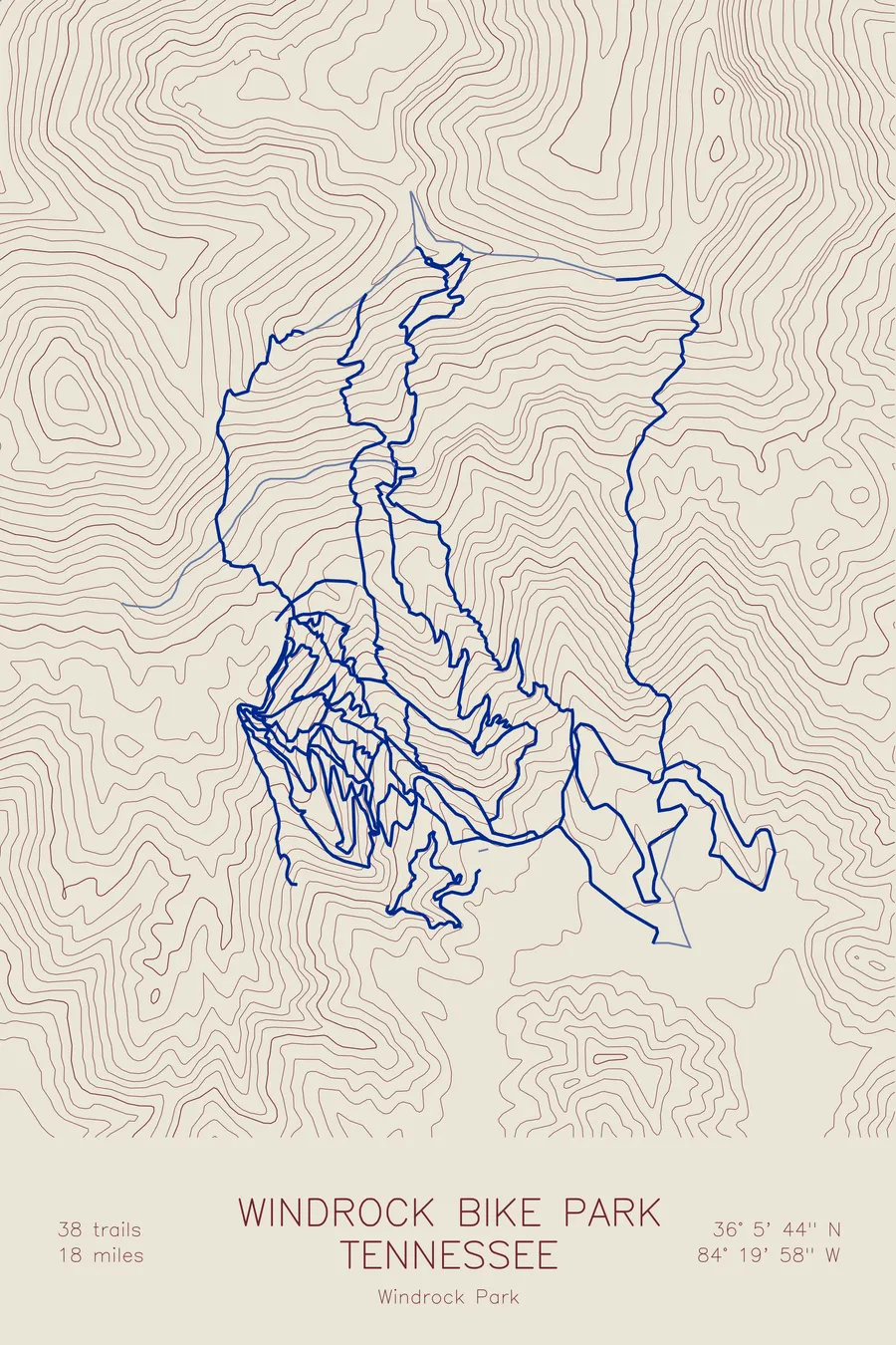 Pen-plotted mountain bike trail map of Windrock Bike Park, Tennessee in burgundy and navy ink on cream paper