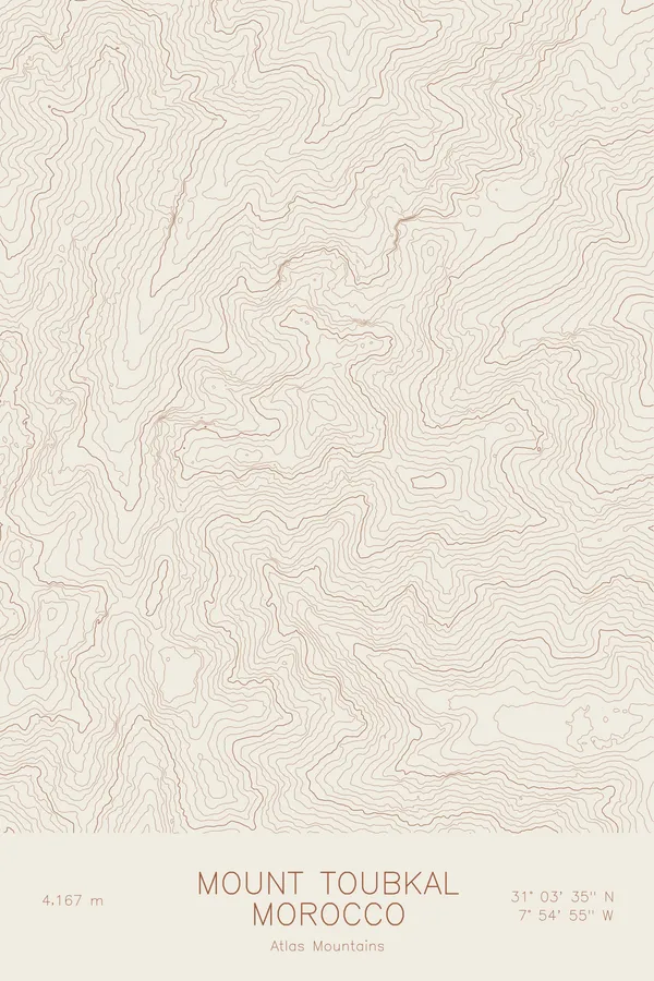 Pen-plotted topographic map of Mount Toubkal, Morocco in bronze ink on cream paper