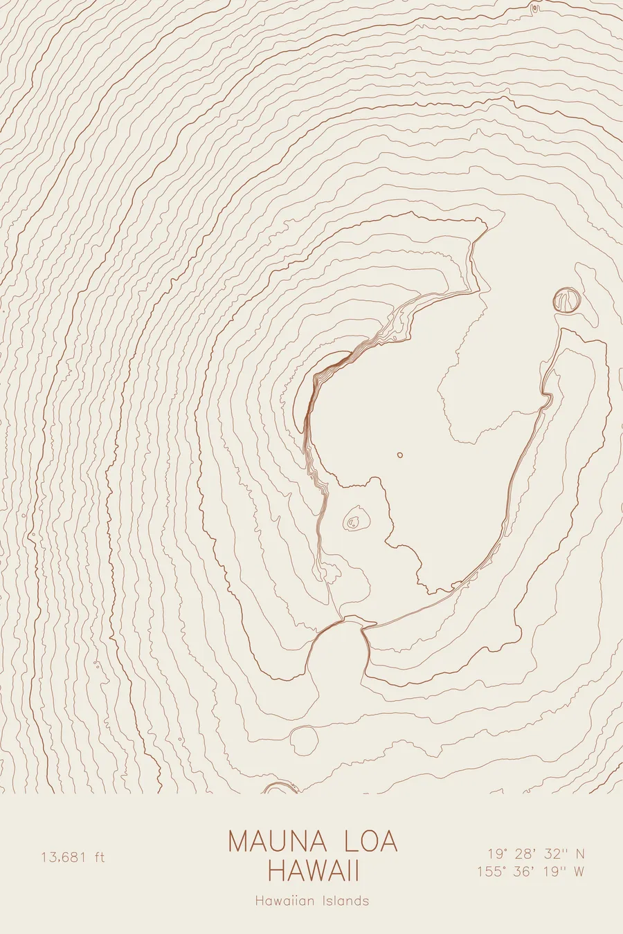 Pen-plotted topographic map of Mauna Loa, Hawaii in bronze ink on cream paper