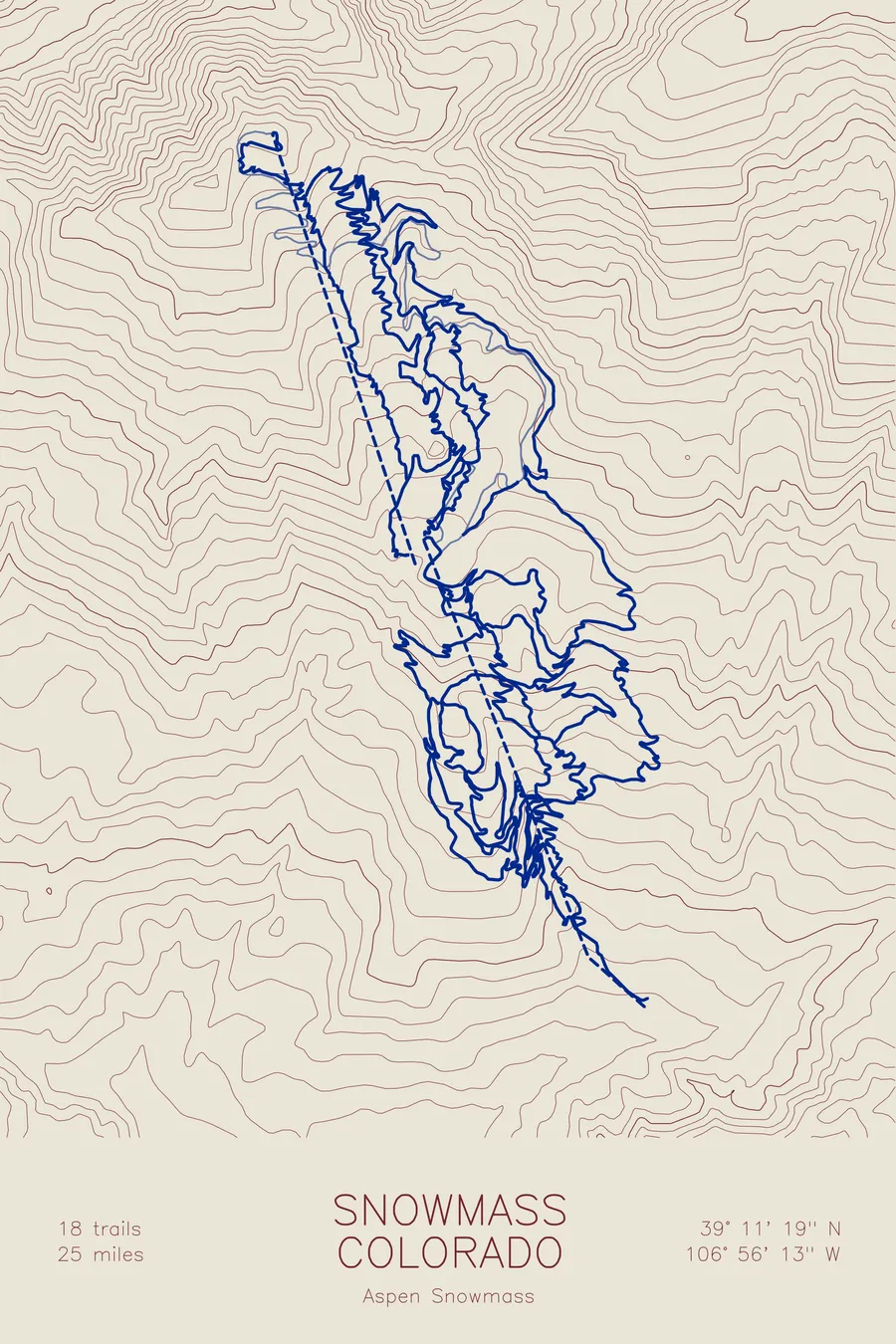 Pen-plotted mountain bike trail map of Snowmass Bike Park, Colorado in burgundy and navy ink on cream paper