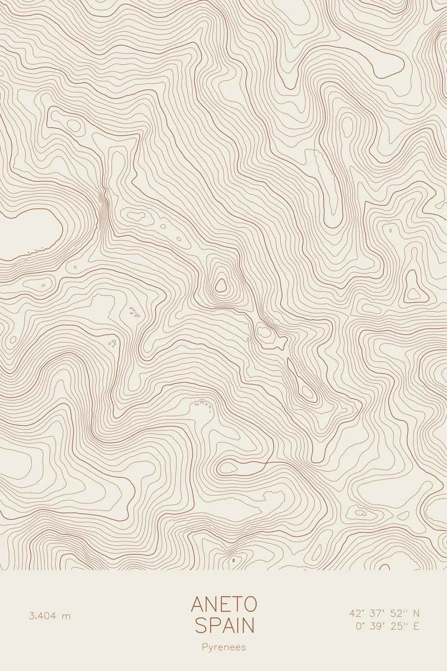 Pen-plotted topographic map of Aneto, Spain in bronze ink on cream paper
