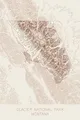 Pen-plotted topographic map of Glacier National Park, Montana in bronze ink on cream paper