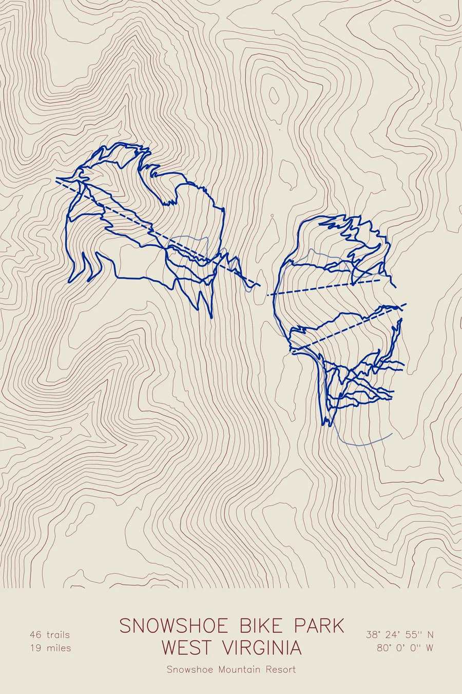 Pen-plotted mountain bike trail map of Snowshoe Bike Park, West Virginia in burgundy and navy ink on cream paper