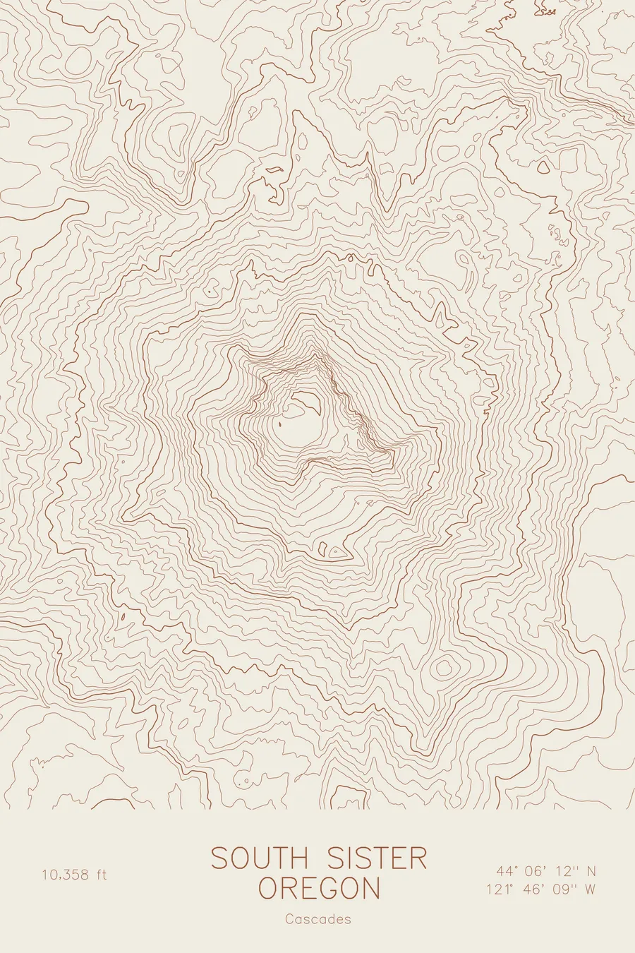 Pen-plotted topographic map of South Sister, Oregon in bronze ink on cream paper