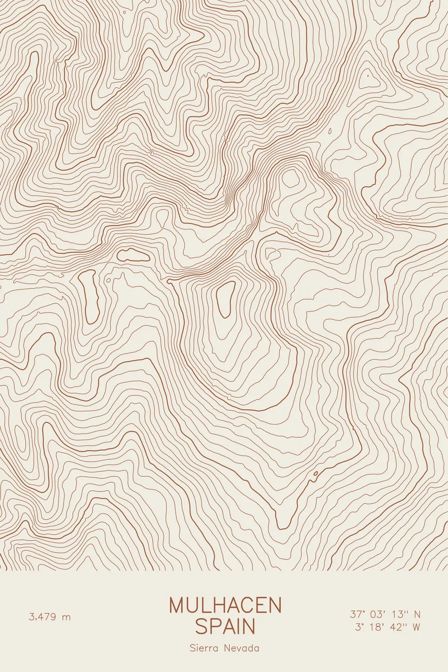 Pen-plotted topographic map of Mulhacen, Spain in bronze ink on cream paper