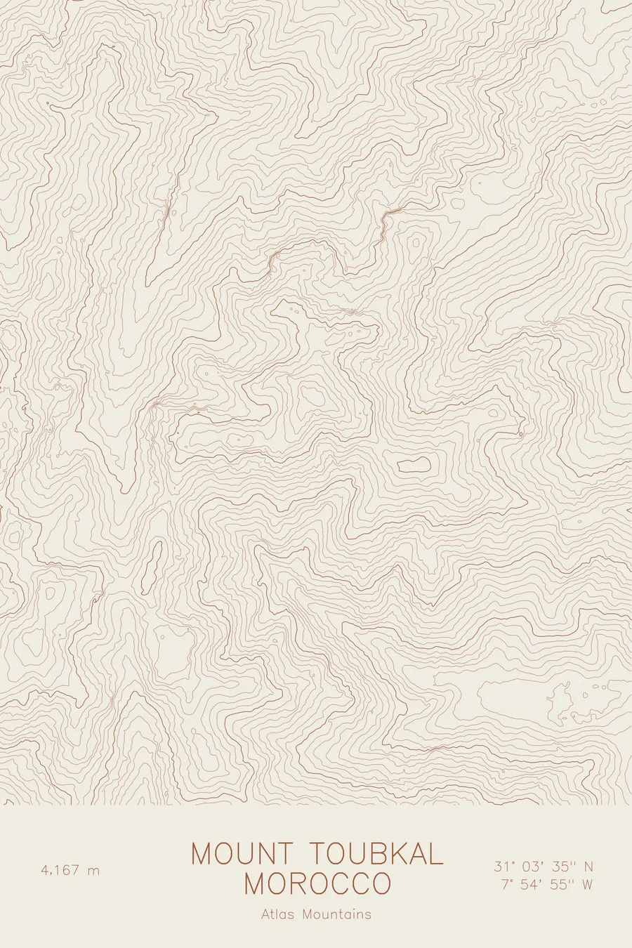 Pen-plotted topographic map of Mount Toubkal, Morocco in bronze ink on cream paper