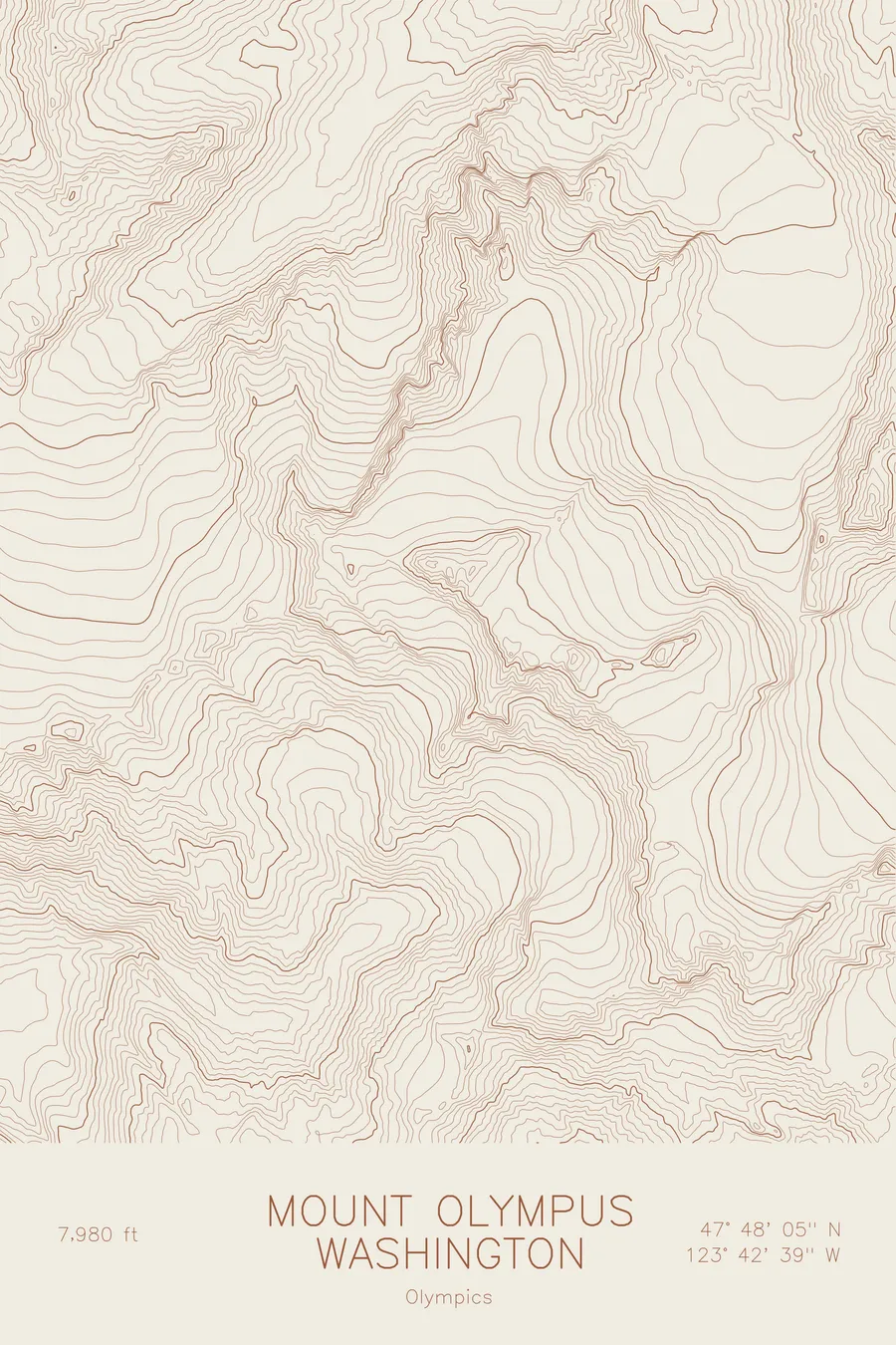 Pen-plotted topographic map of Mount Olympus, Washington in bronze ink on cream paper