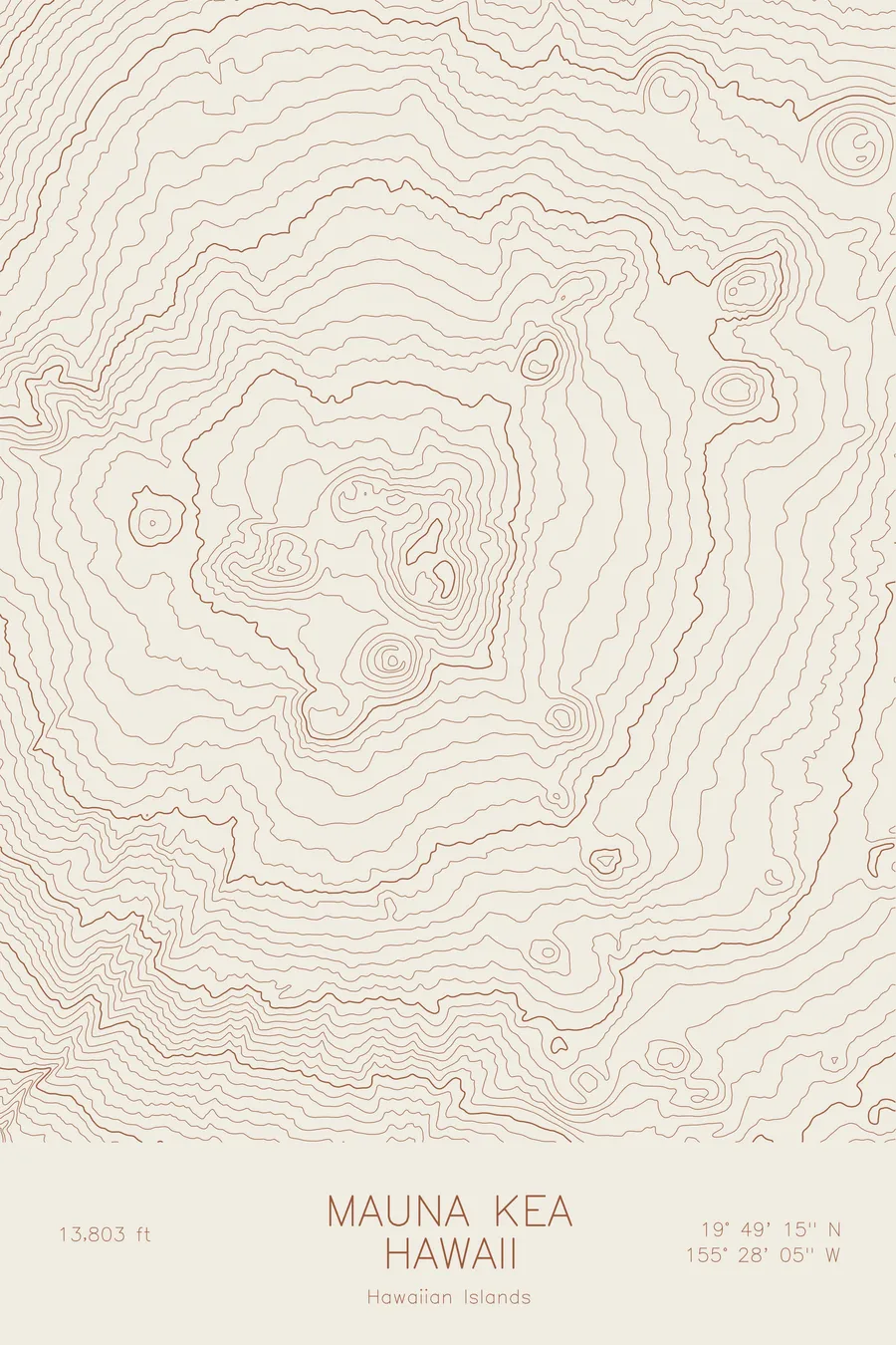 Pen-plotted topographic map of Mauna Kea, Hawaii in bronze ink on cream paper