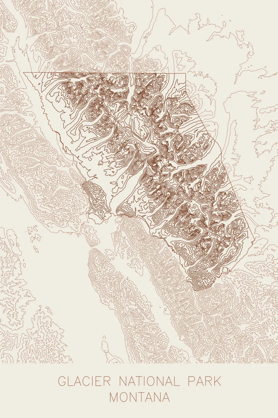 Pen-plotted topographic map of Glacier National Park, Montana in bronze ink on cream paper