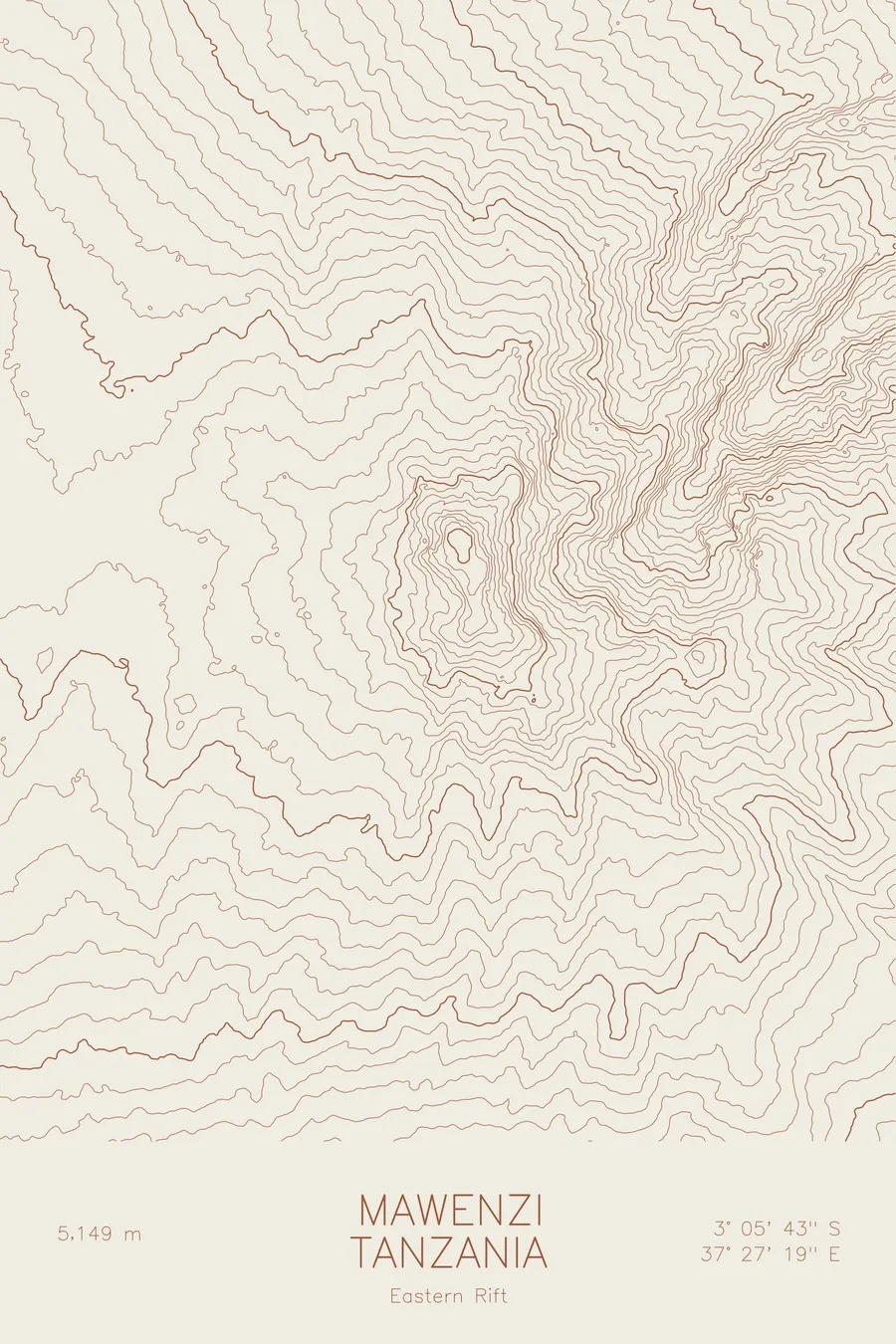 Pen-plotted topographic map of Kilimanjaro / Mawenzi, Tanzania in bronze ink on cream paper