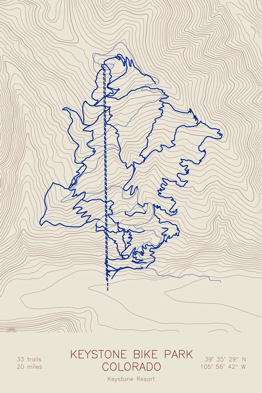 Pen-plotted mountain bike trail map of Keystone Bike Park, Colorado in burgundy and navy ink on cream paper