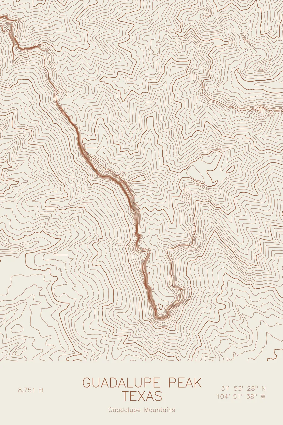 Pen-plotted topographic map of Guadalupe Peak, Texas in bronze ink on cream paper