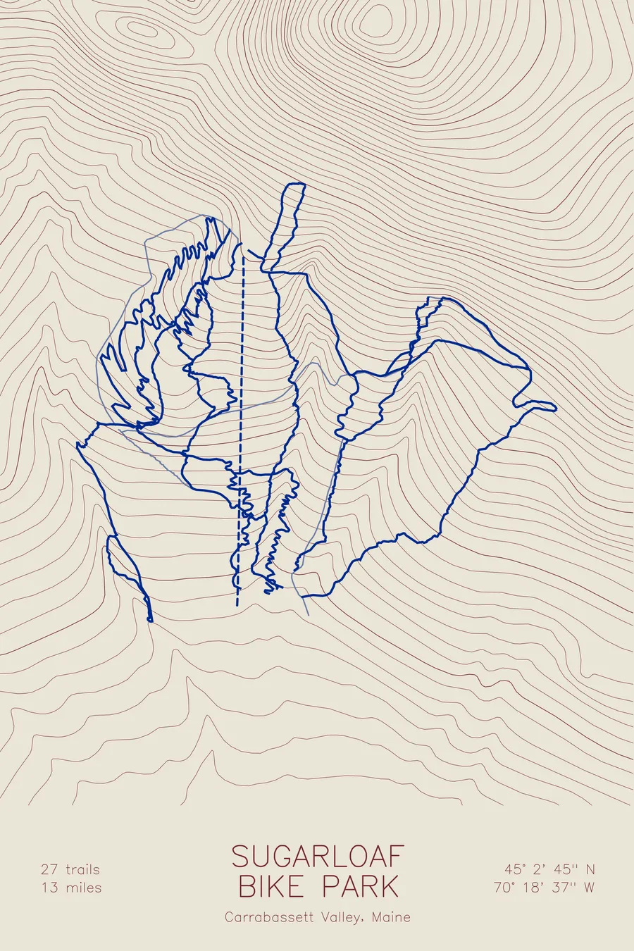 Pen-plotted mountain bike trail map of Sugarloaf Bike Park, Maine in burgundy and navy ink on cream paper