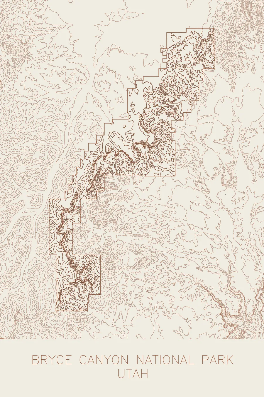 Pen-plotted topographic map of Bryce Canyon National Park, Utah in bronze ink on cream paper