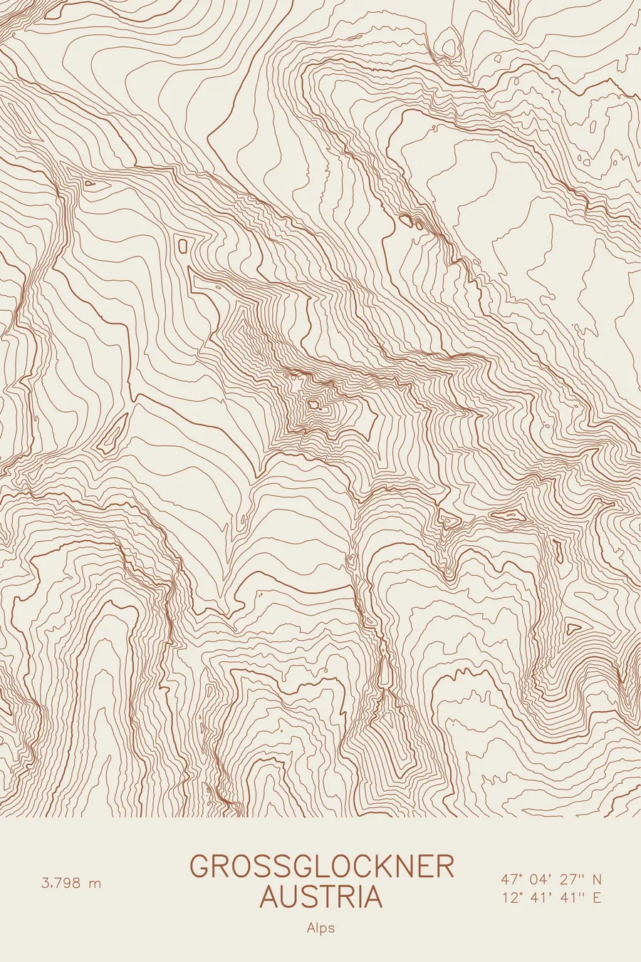 Pen-plotted topographic map of Grossglockner, Austria in bronze ink on cream paper