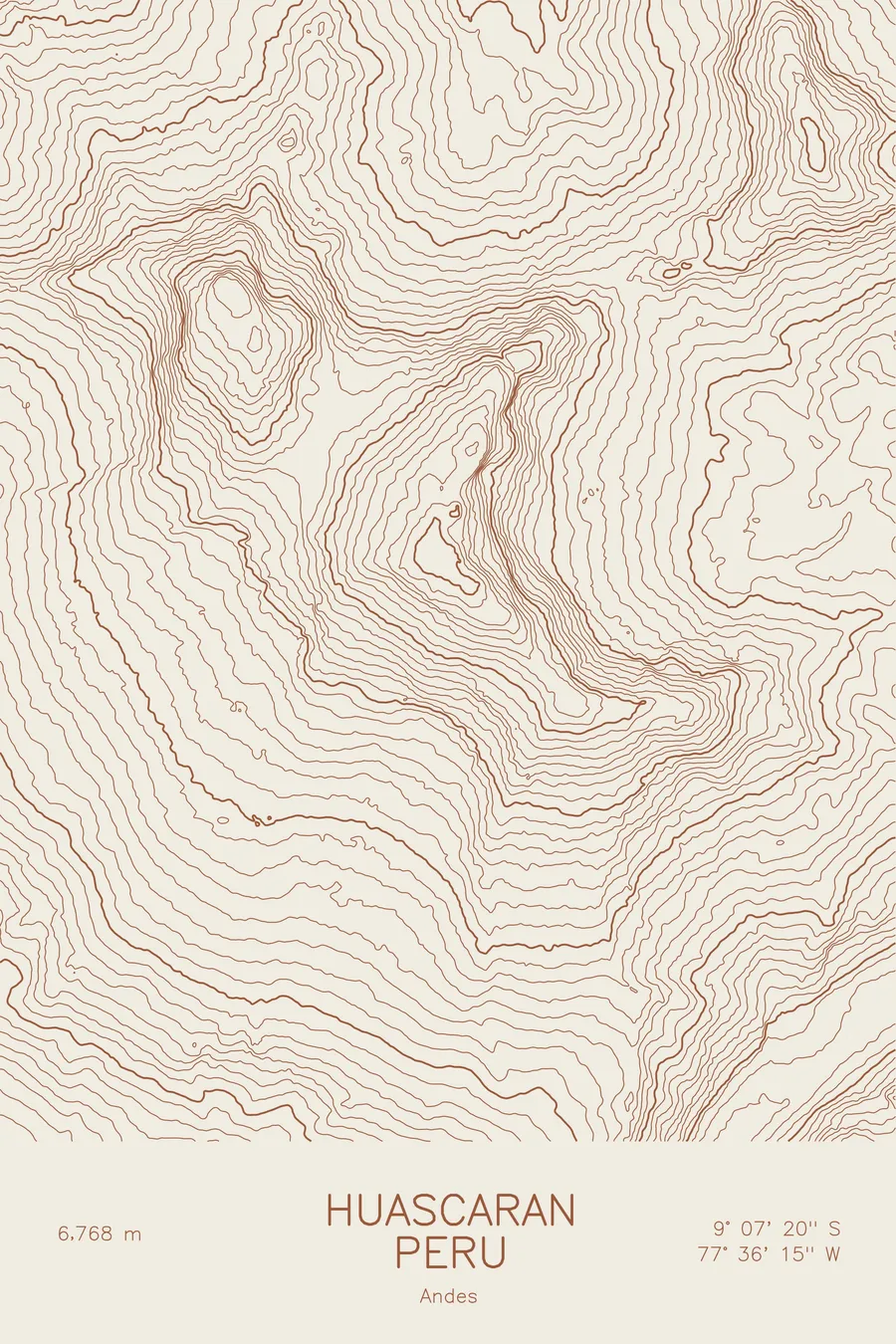 Pen-plotted topographic map of Huascaran, Peru in bronze ink on cream paper