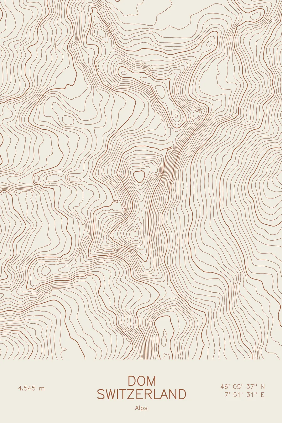 Pen-plotted topographic map of Dom, Switzerland in bronze ink on cream paper