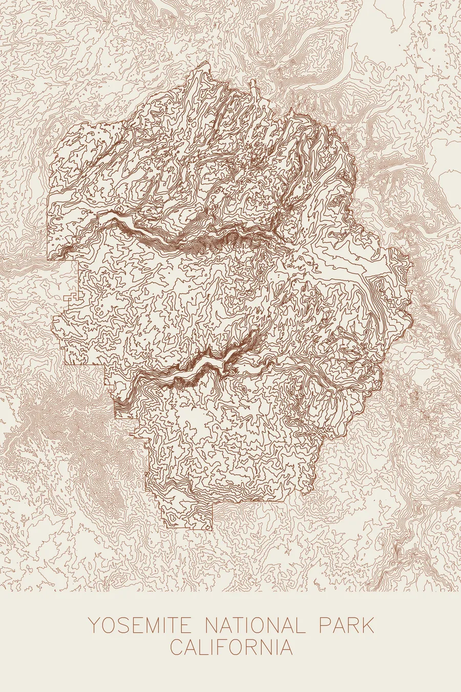 Pen-plotted topographic map of Yosemite National Park, California in bronze ink on cream paper