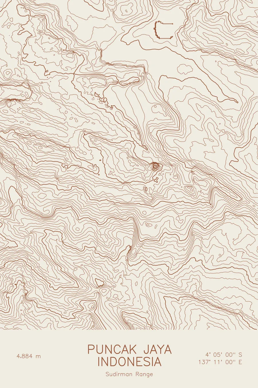 Pen-plotted topographic map of Puncak Jaya, Indonesia in bronze ink on cream paper
