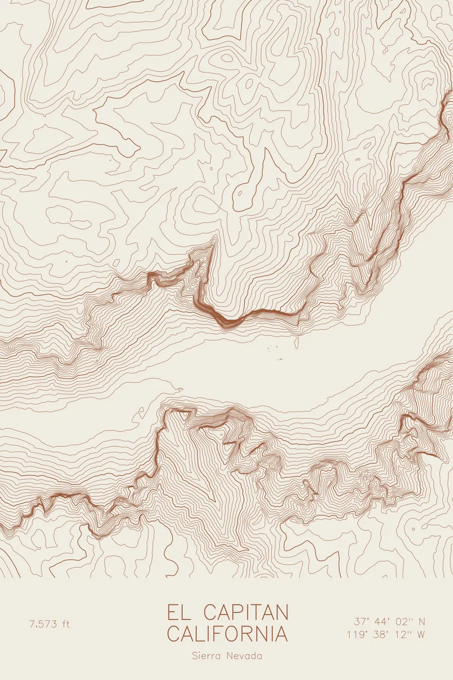 Pen-plotted topographic map of El Capitan, California in bronze ink on cream paper