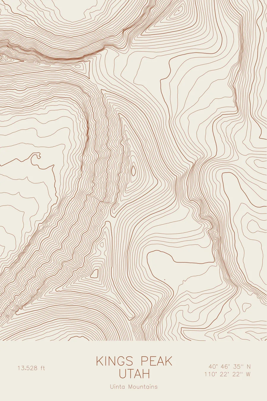 Pen-plotted topographic map of Kings Peak, Utah in bronze ink on cream paper