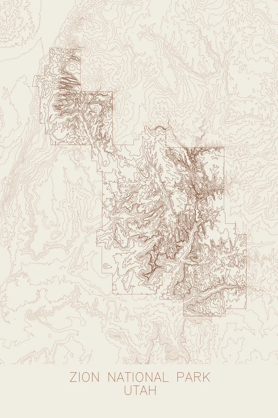 Pen-plotted topographic map of Zion National Park, Utah in bronze ink on cream paper