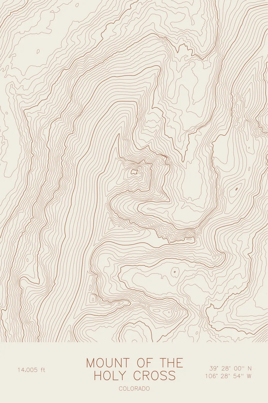 Pen-plotted topographic map of Mount of the Holy Cross, Colorado in bronze ink on cream paper