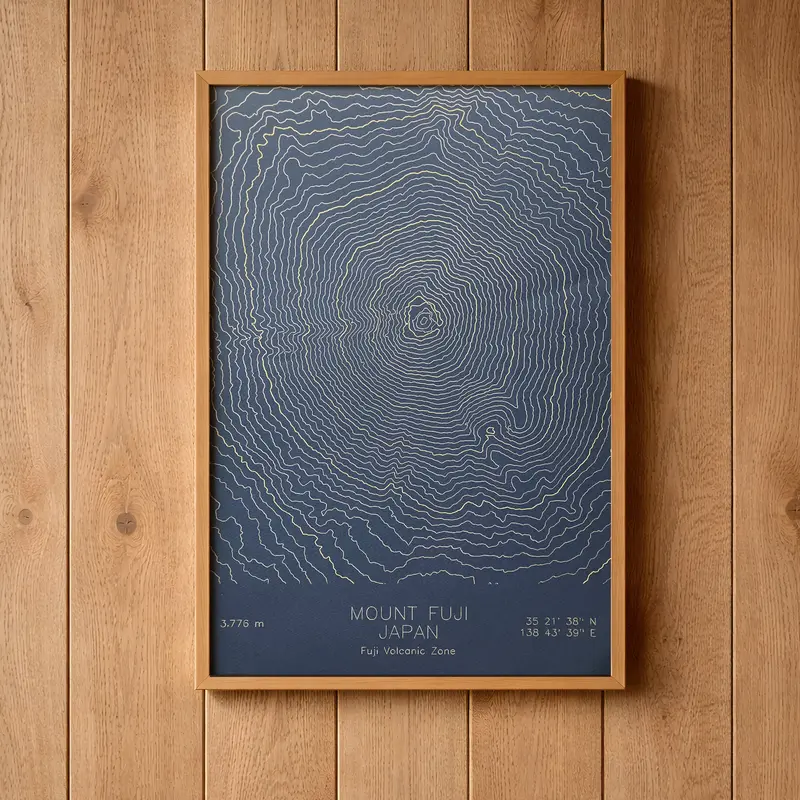 Framed pen-plotted topographic map displayed in a real room, from the same series as this topographic map of Borah Peak, Idaho